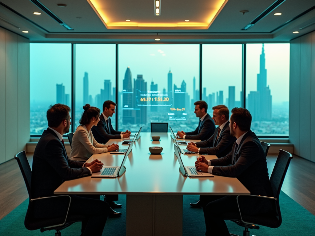 Business professionals in a meeting room with laptops, overlooking a city skyline through large windows.