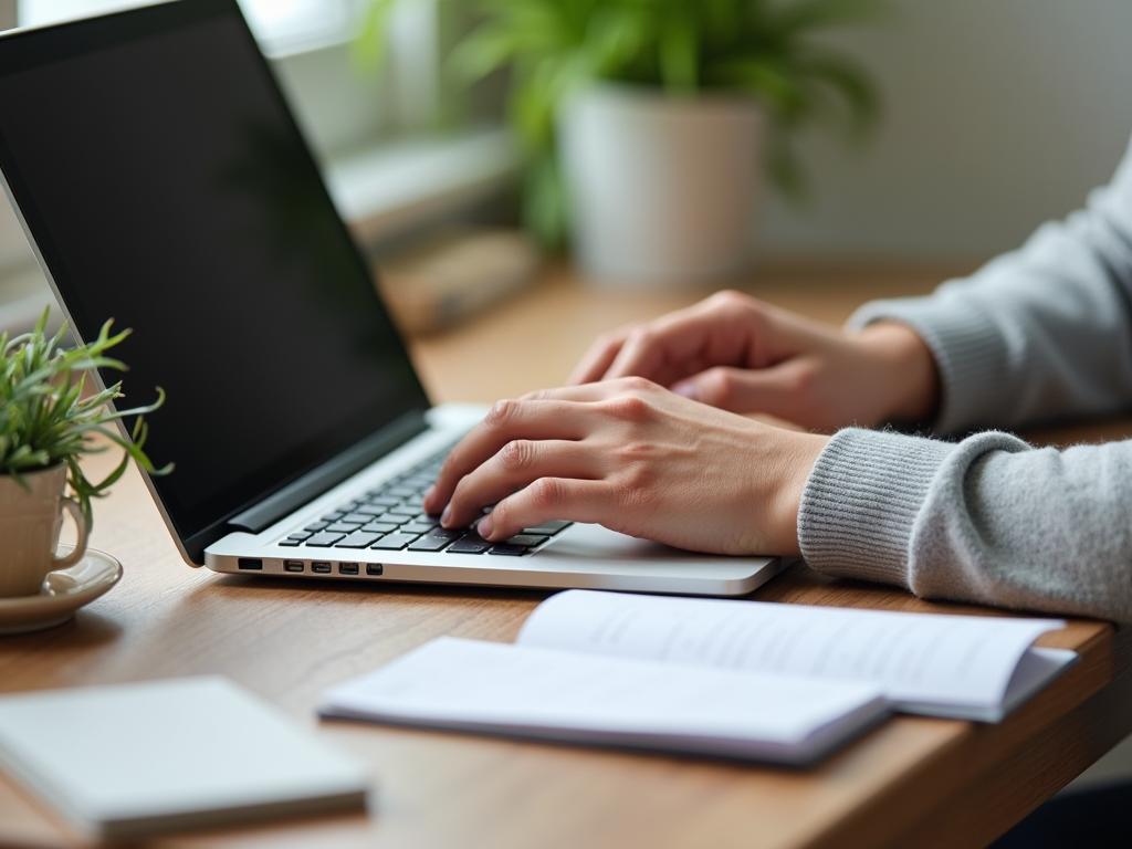 Person typing on a laptop with a notepad and plant on the table.