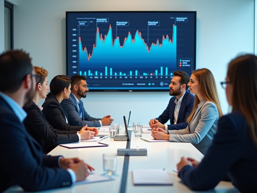 Professionals in a meeting discussing data on a financial chart displayed on a screen.