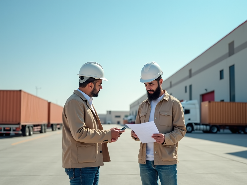 Two engineers in hard hats reviewing documents at an industrial site with containers in the background.