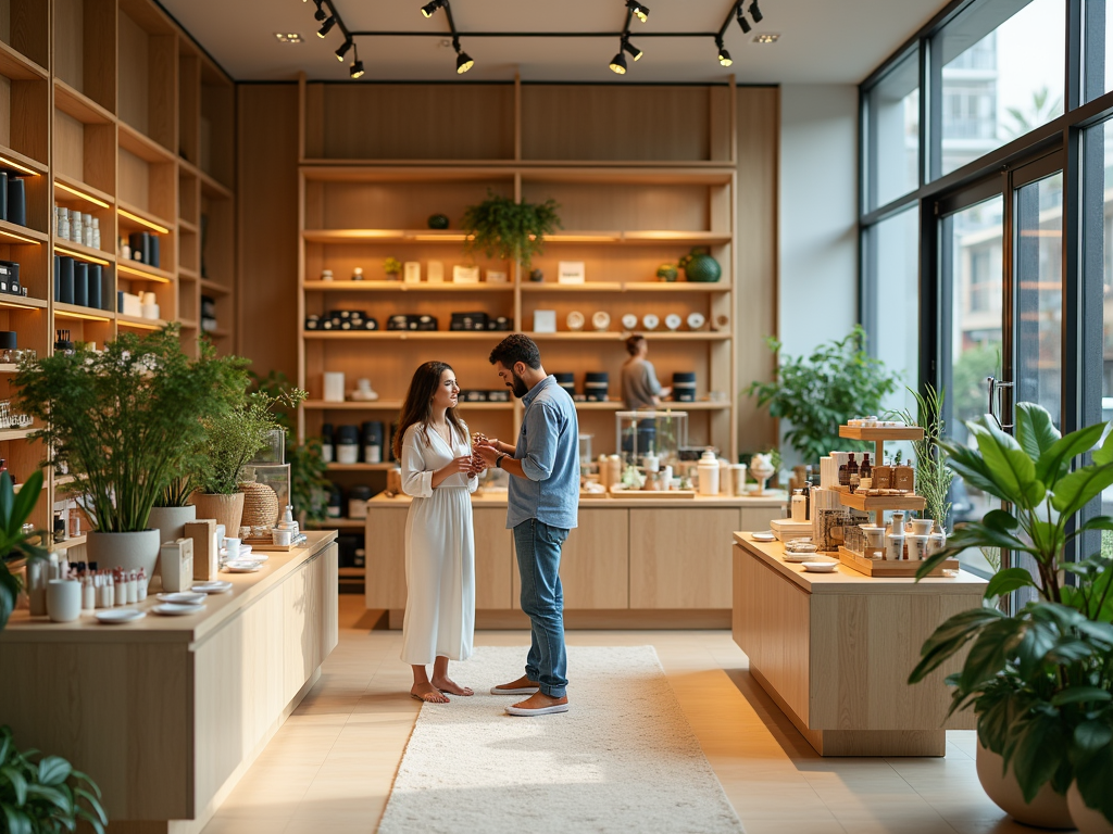 Couple conversing in a well-lit boutique with shelves of elegant products.