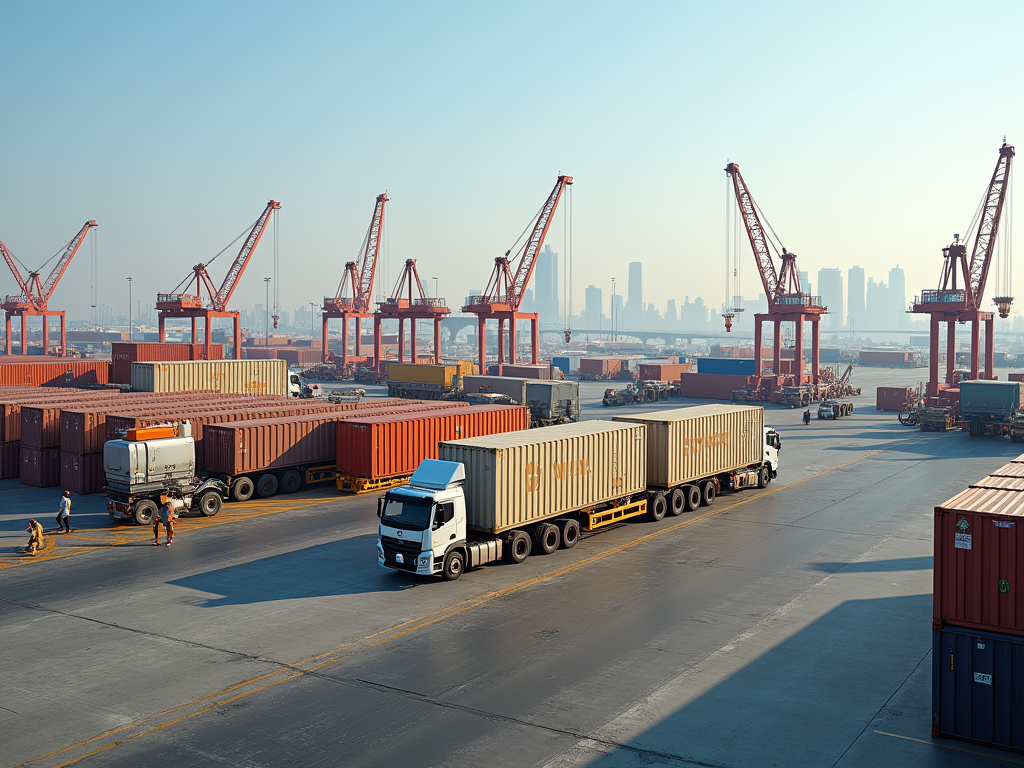 Busy port with trucks, cranes, and containers, with a city skyline in the background.