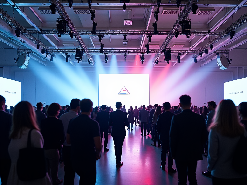 Audience watching a presentation at a conference, large screen illuminated with a red triangle logo.