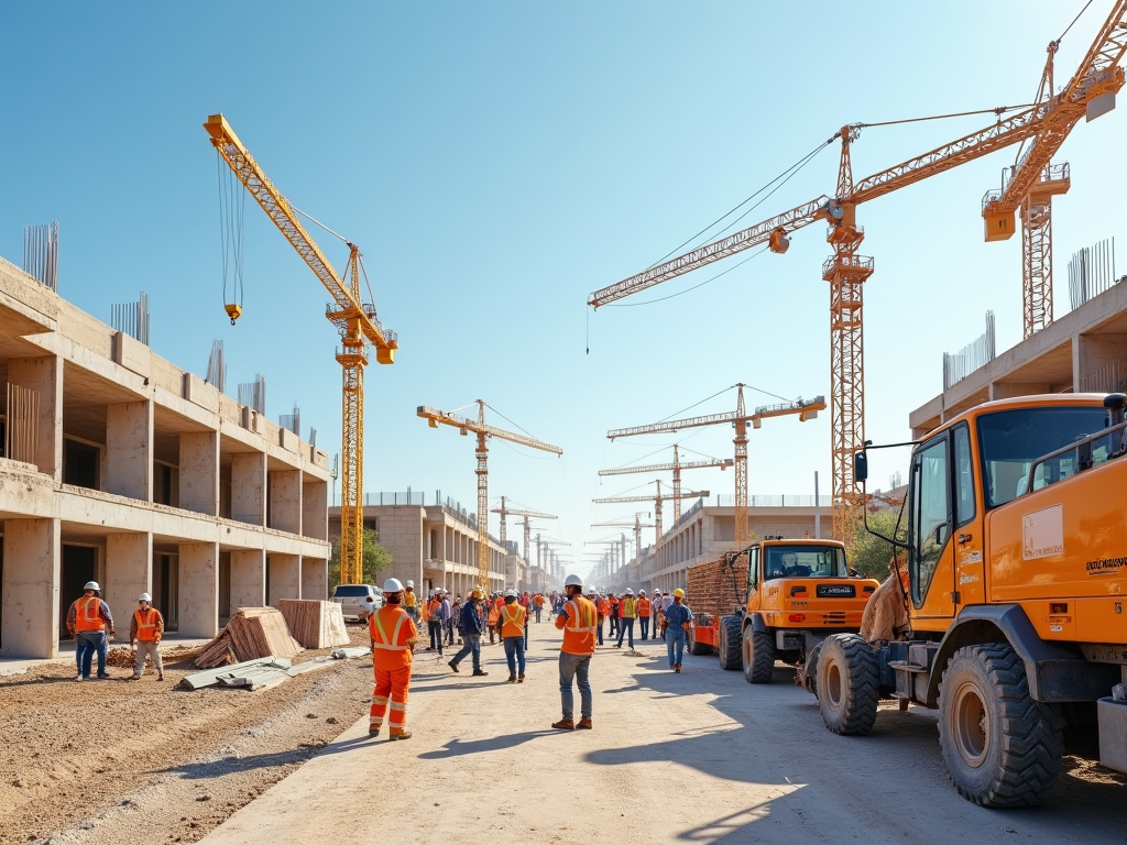 Workers in safety vests at a busy construction site with multiple cranes and equipment.