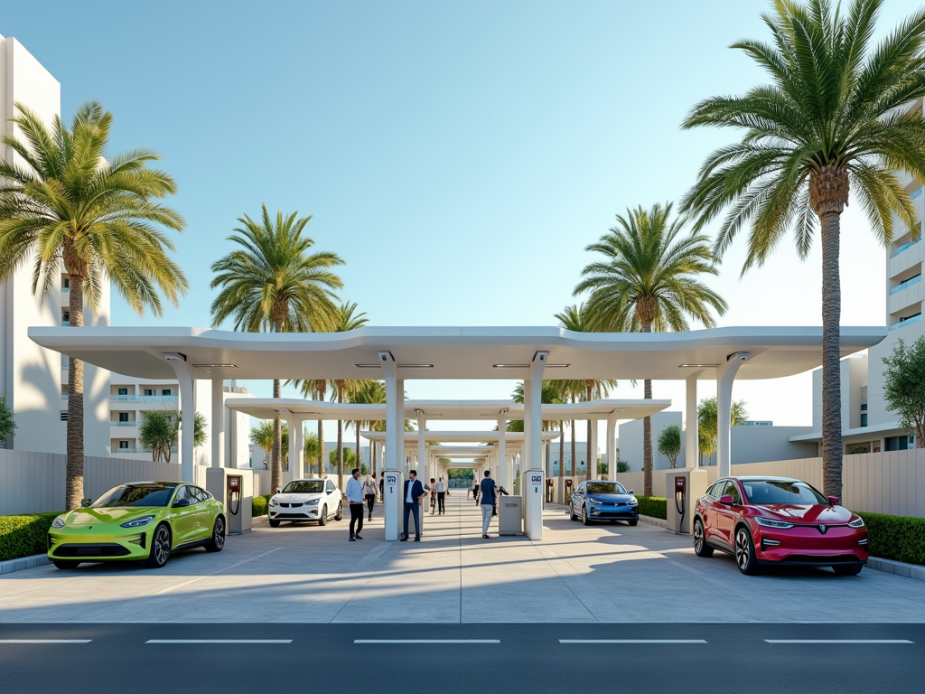 Modern electric vehicle charging station with cars and people under a canopy lined with palm trees.