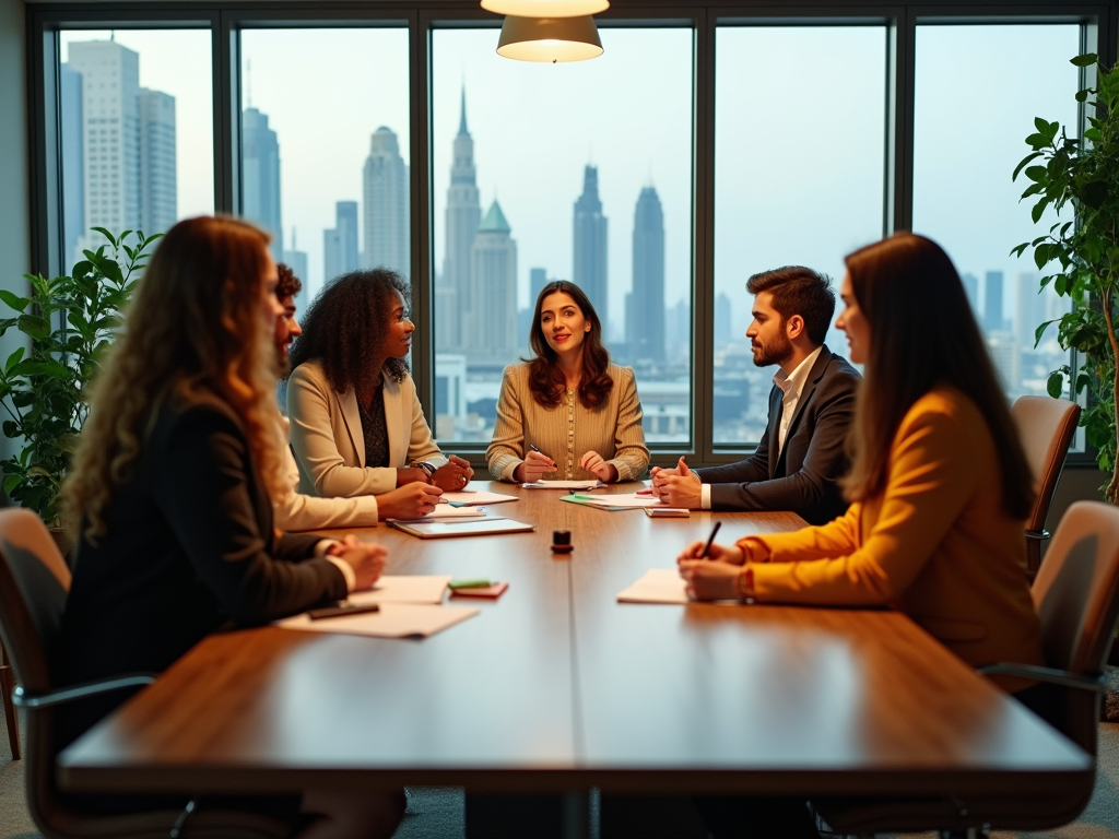 Diverse group of professionals in a meeting with city skyline view from office window.