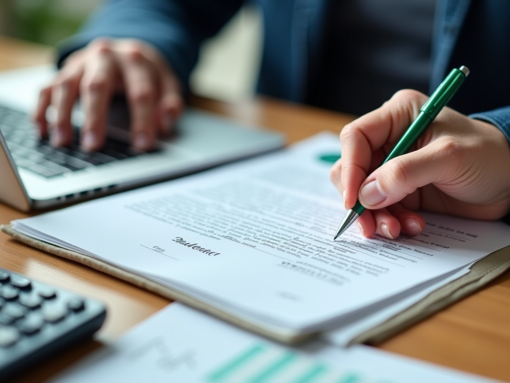 Person signing a document while simultaneously using a laptop, with a calculator nearby.