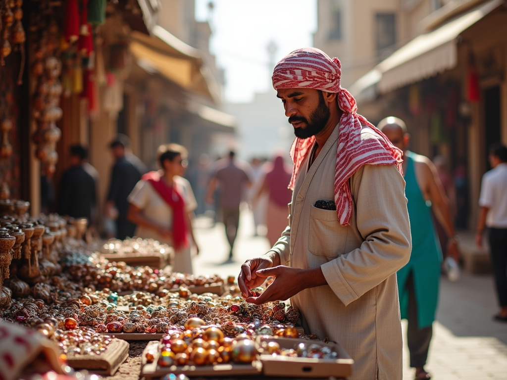 Man in traditional attire examining handicrafts at a bustling market street.