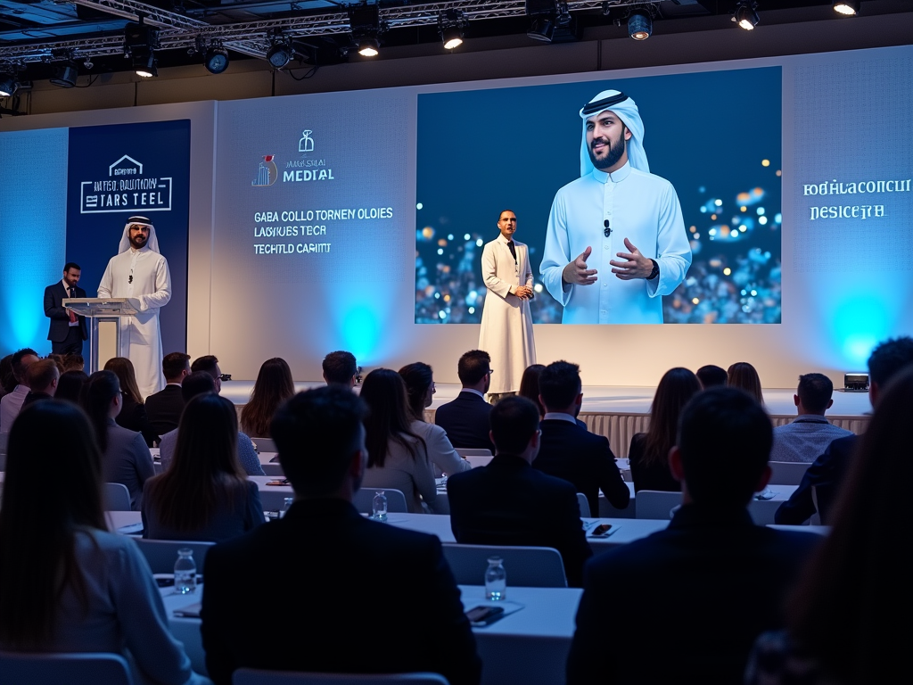 Conference event with two men presenting on stage, audience in foreground, and screens displaying digital content.