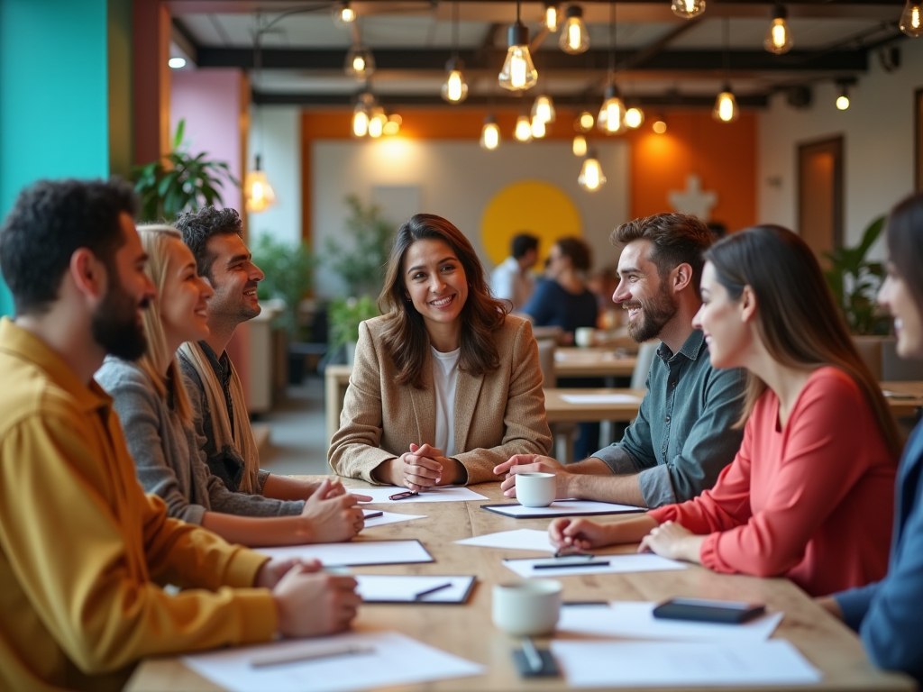 Group of six people having a meeting in a modern, colorful office cafe setting.