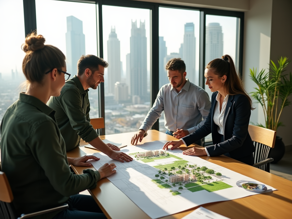 Four professionals discussing architectural plans on a table in an office with city skyline views.