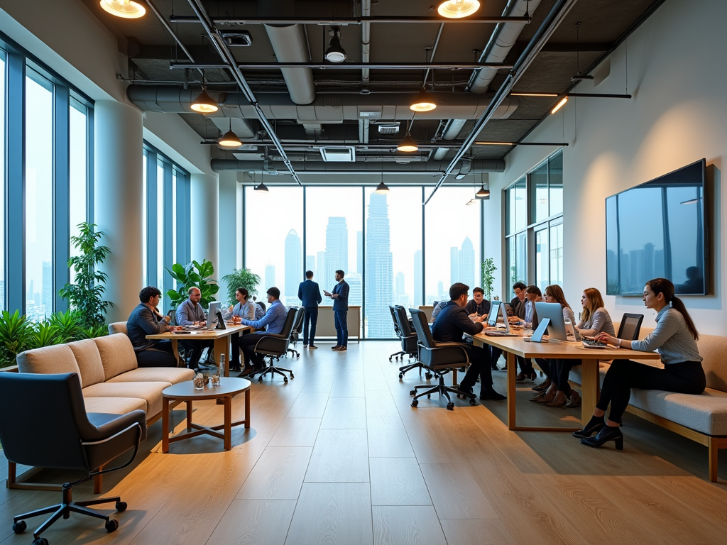 People working in a modern office space with a city view, seated at tables and discussing.