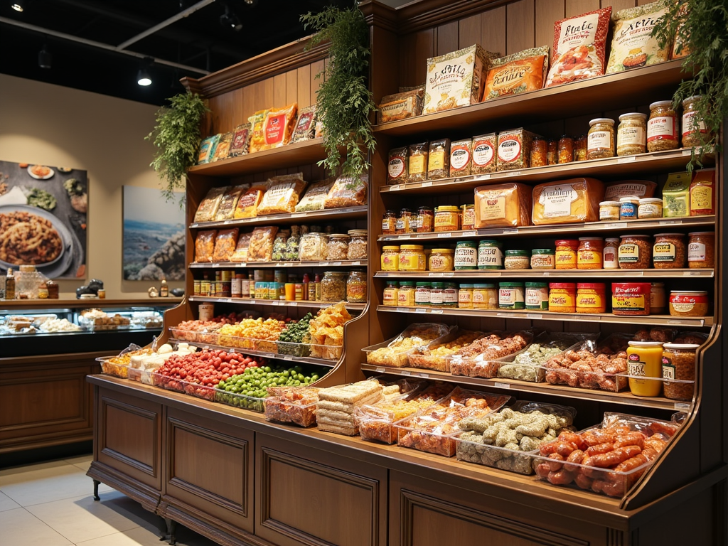 A well-stocked gourmet grocery store section with a variety of dried fruits, snacks, and condiments.