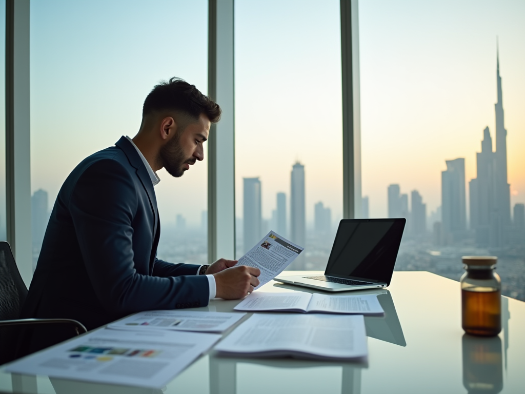 Man in suit working at desk with laptop, papers, and city skyline at sunset through window.