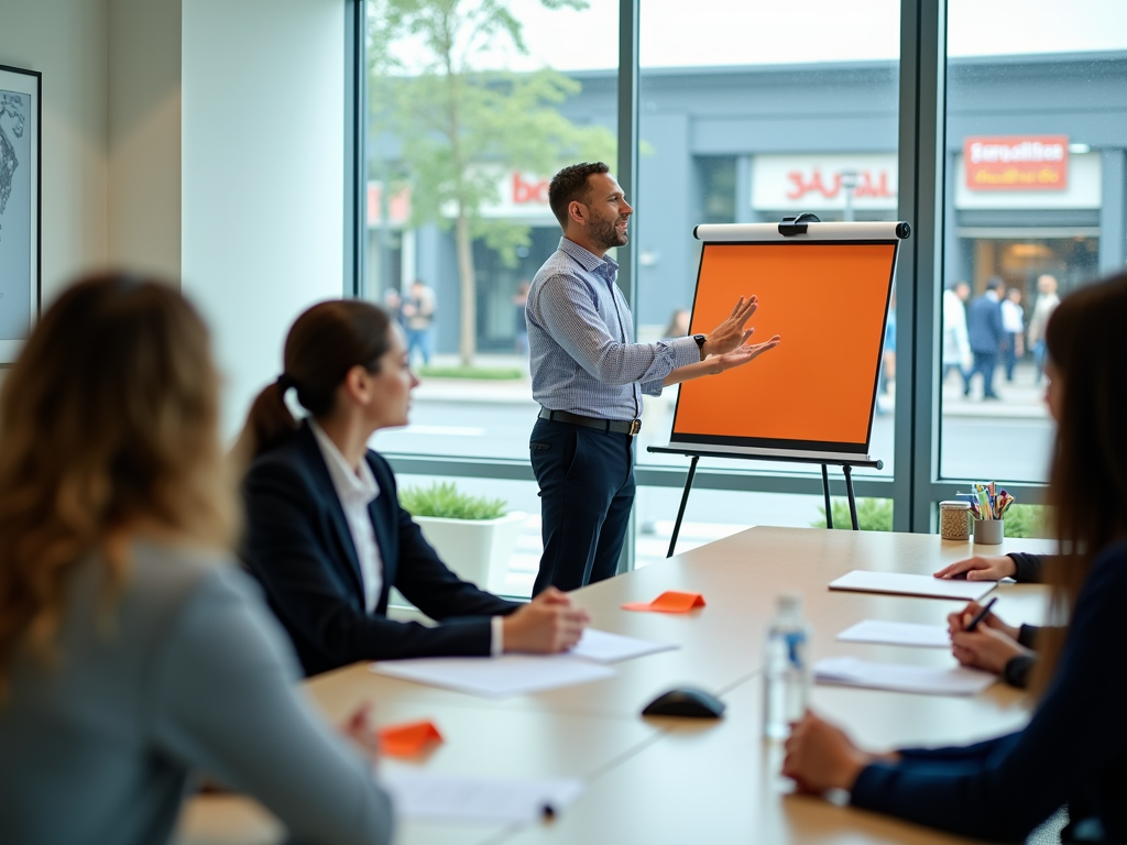 Man presenting to colleagues in a bright office, using a flip chart near large windows.