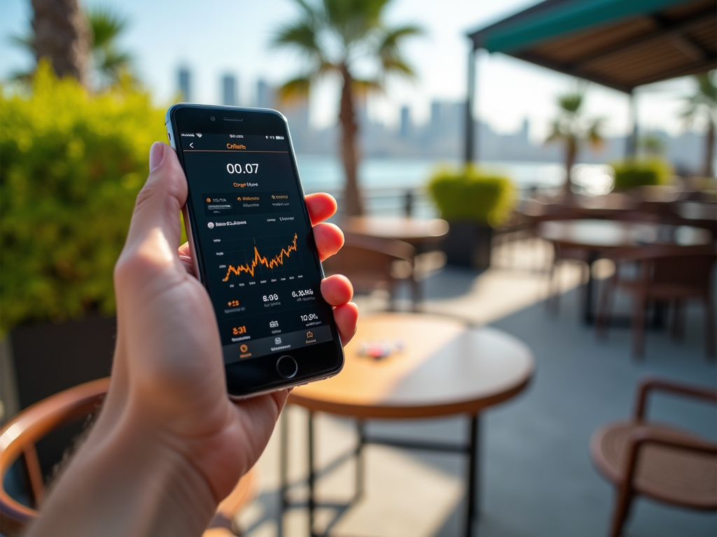 Hand holding smartphone displaying stock market app, with a blurred outdoor café background.