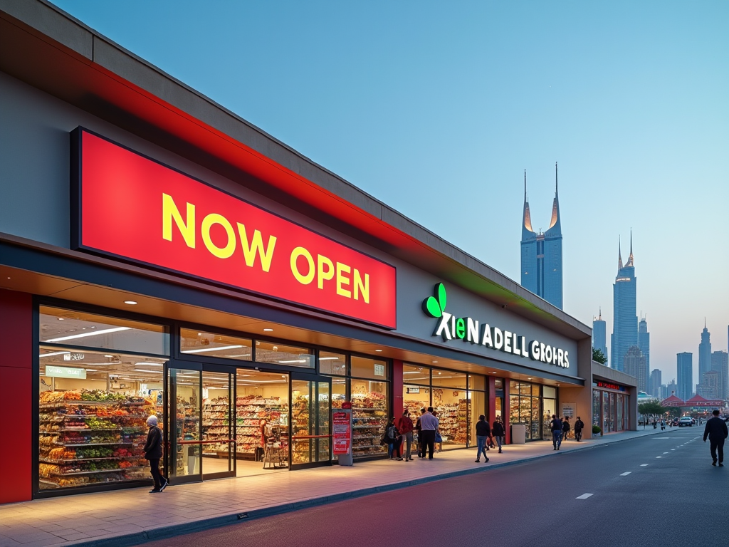 Storefront of "Kienadell Grofis" grocery store with a 'NOW OPEN' sign, city skyline in background.