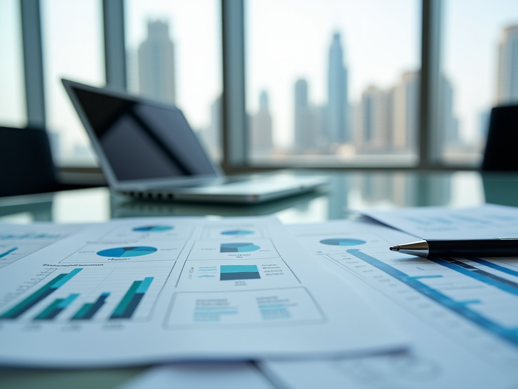 Office desk with business charts, a pen, and a laptop, with a city skyline in the background.