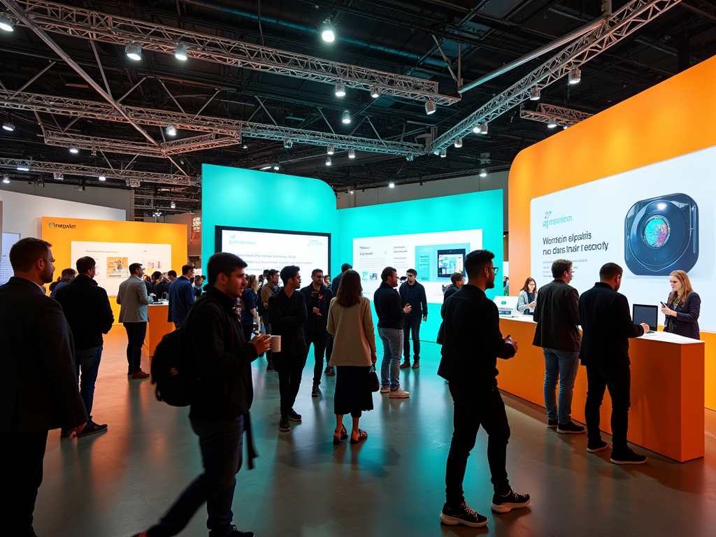 Attendees interact at a modern tech expo booth with orange and blue displays.