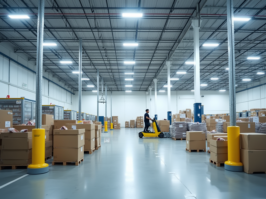 Worker on a pallet jack amidst rows of cardboard boxes in a large warehouse.