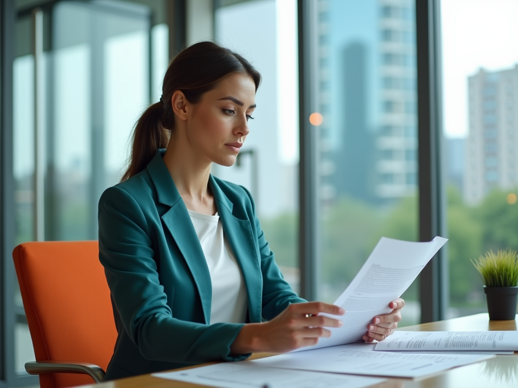 Businesswoman in teal blazer intently reviewing documents at a bright office desk.