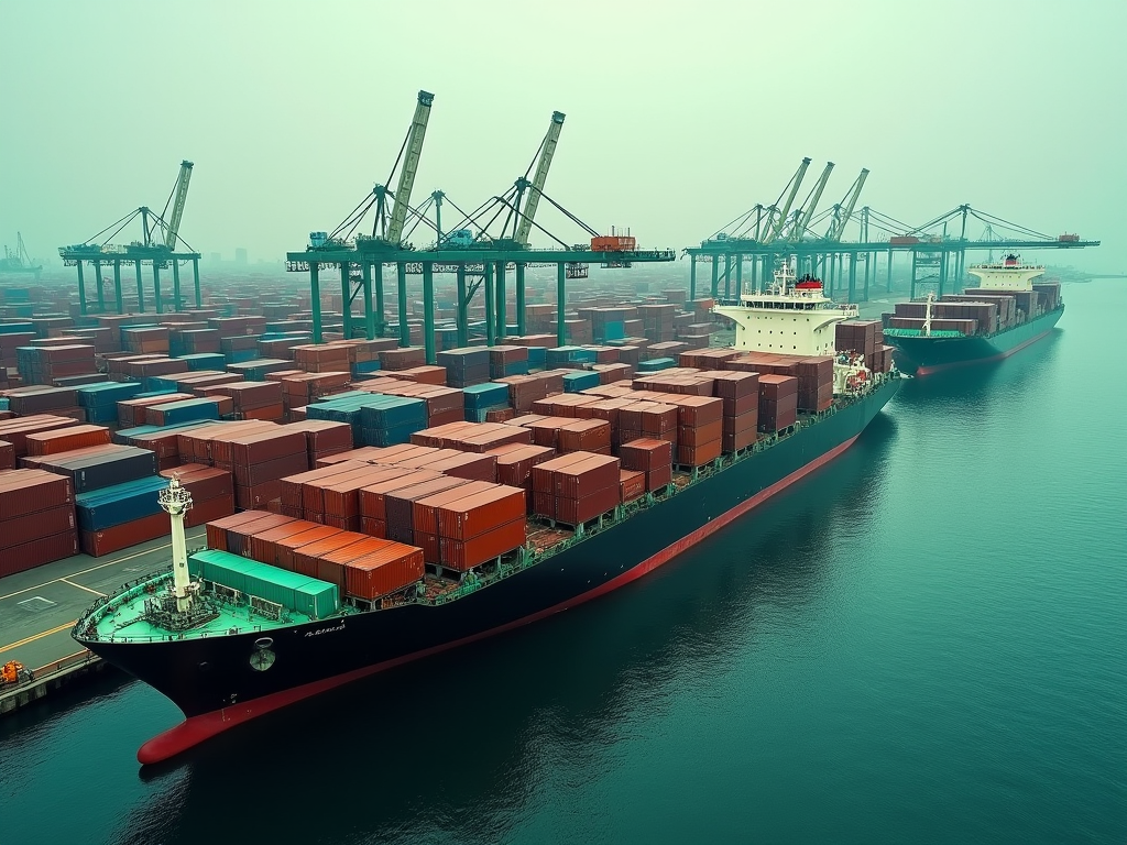 Cargo ships loaded with containers docked at a busy port in foggy weather.