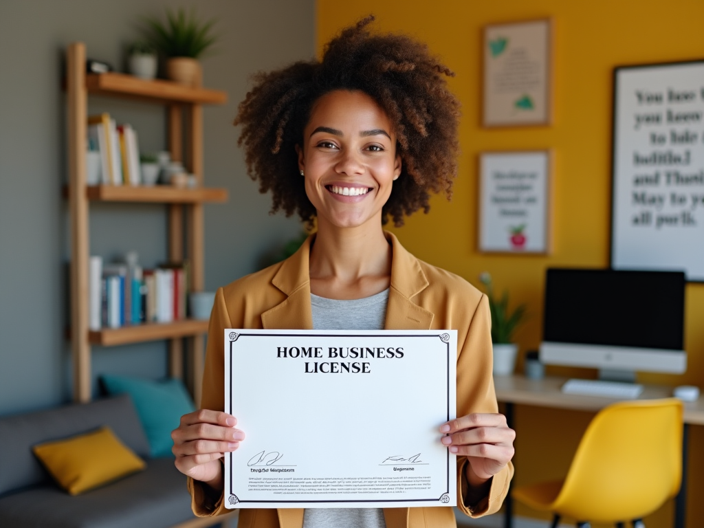 Happy woman showing her new Home Business License in a cozy office.