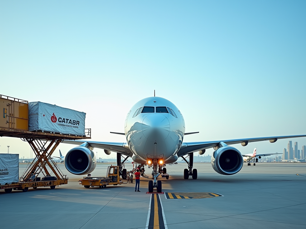 Commercial airplane at airport being loaded with cargo at sunrise, city skyline in the background.