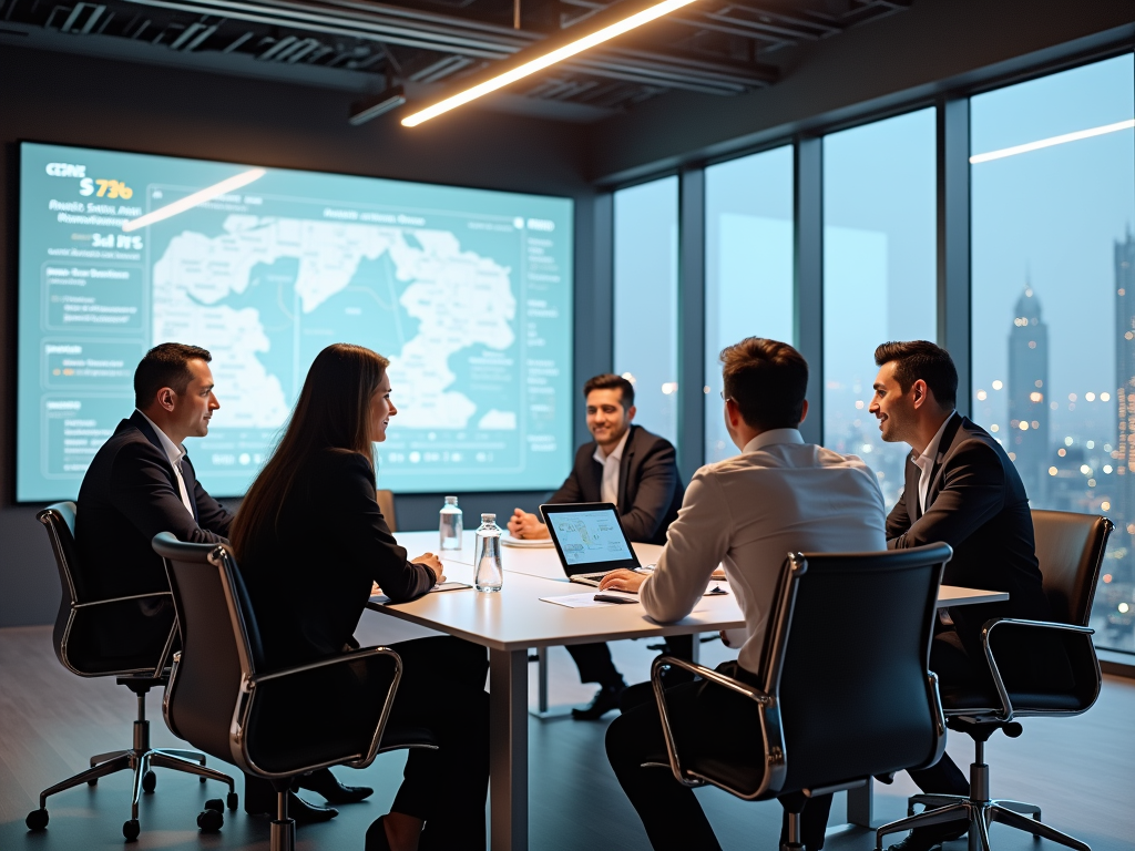 Business professionals at a night meeting, discussing data on a digital screen in a modern office.