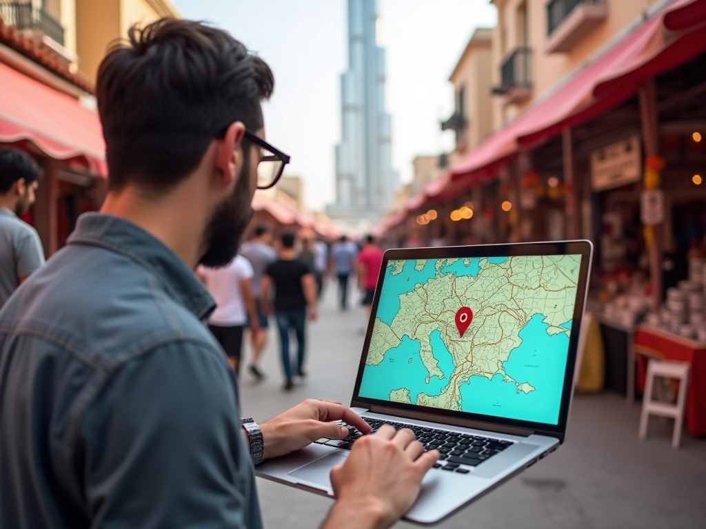 Man using laptop with map on screen at busy outdoor market.