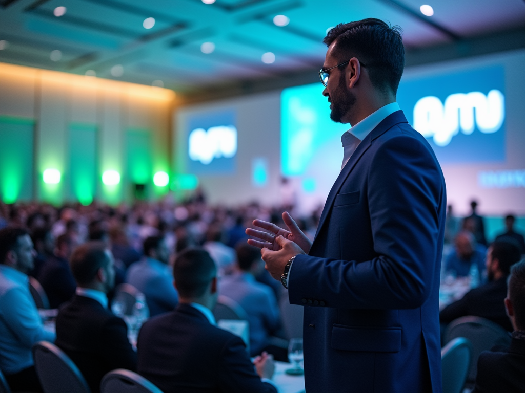 Man presenting at a conference with audience in background and "PMI" logo on screens.