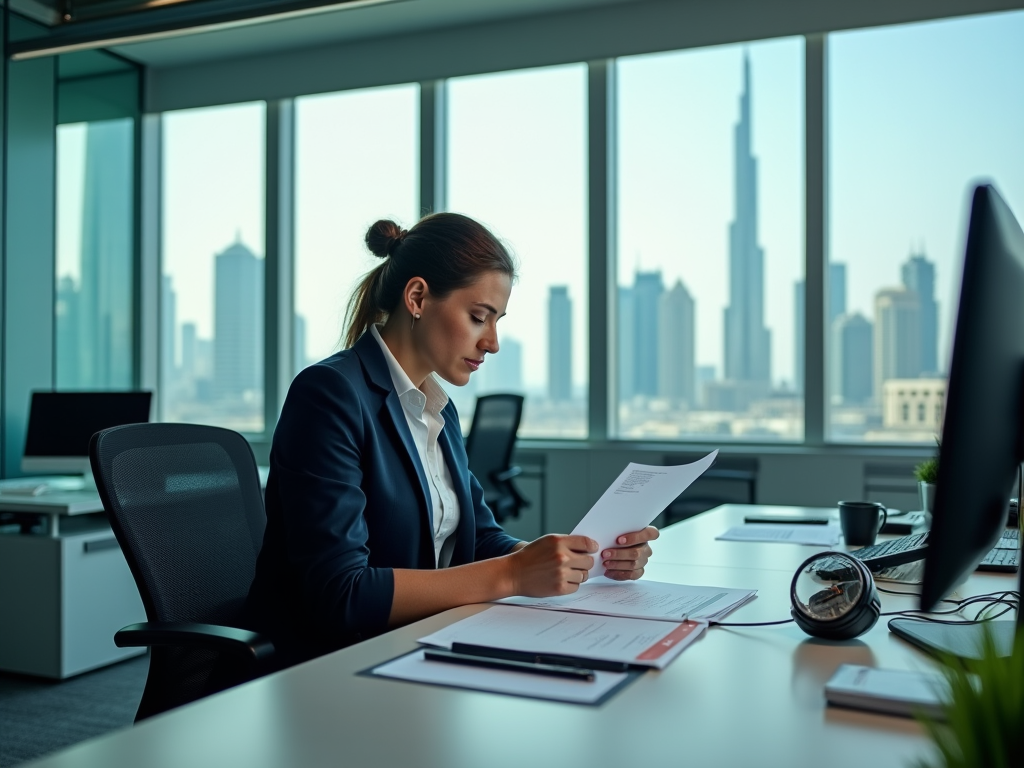 Businesswoman reviewing documents in office with city skyline view.