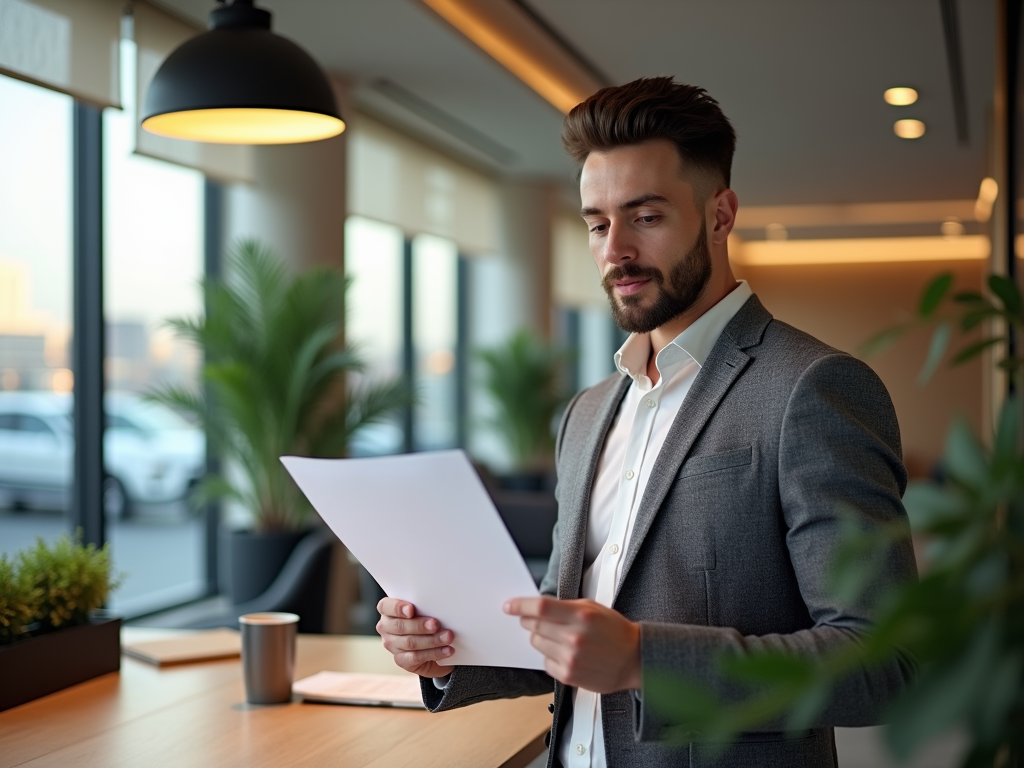 Professional man reading a document in a modern office setting with plants and natural light.