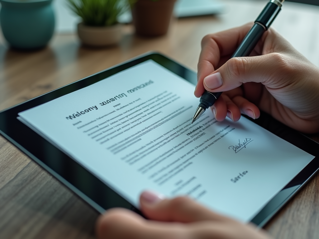 A person holding a pen is signing a document displayed on a tablet, with plants in the background.