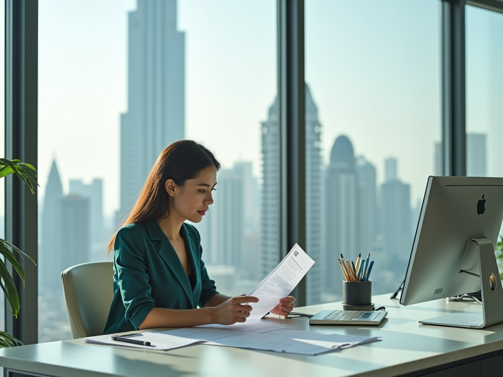 Woman reviewing documents at desk with computer, city skyline in the background.