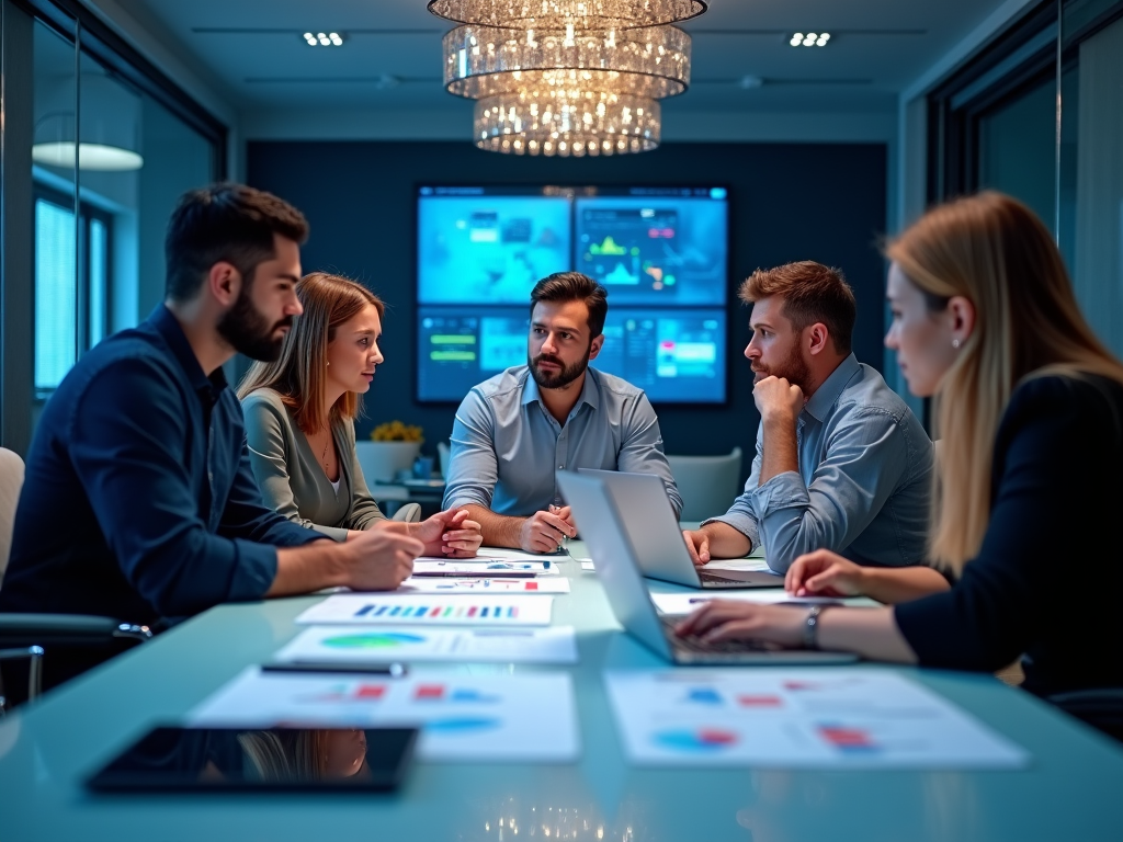 Business team having a discussion around a conference table with documents and laptops in a modern office.