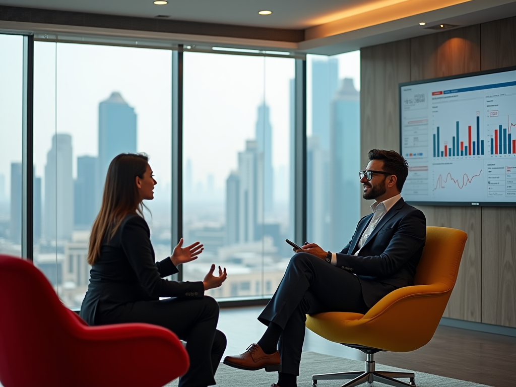 Two professionals discussing business in a modern office with cityscape background.