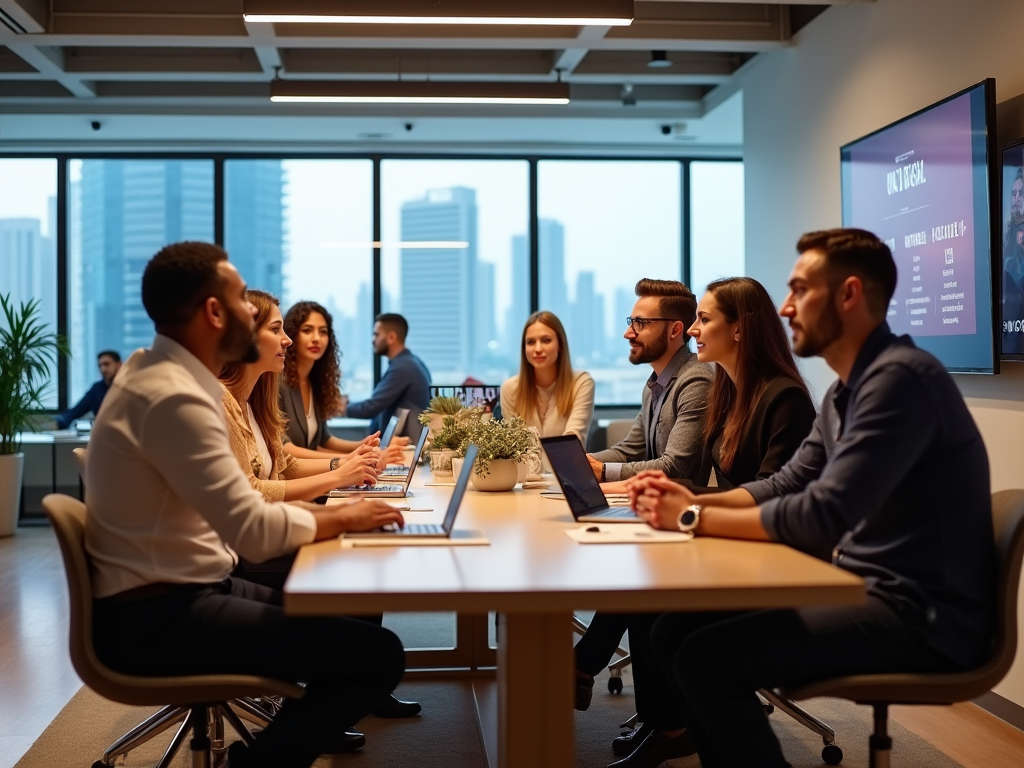 Diverse group of professionals engaged in a meeting around a table in a modern office space.