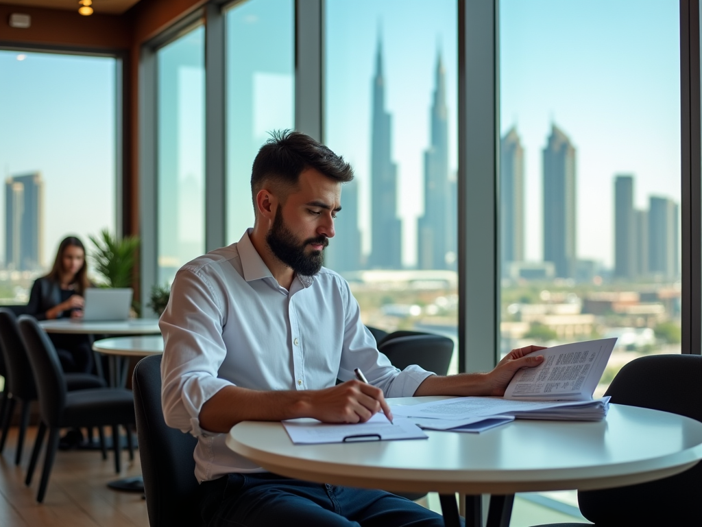 Man reviewing documents in office with city skyline in background, woman working on laptop behind him.