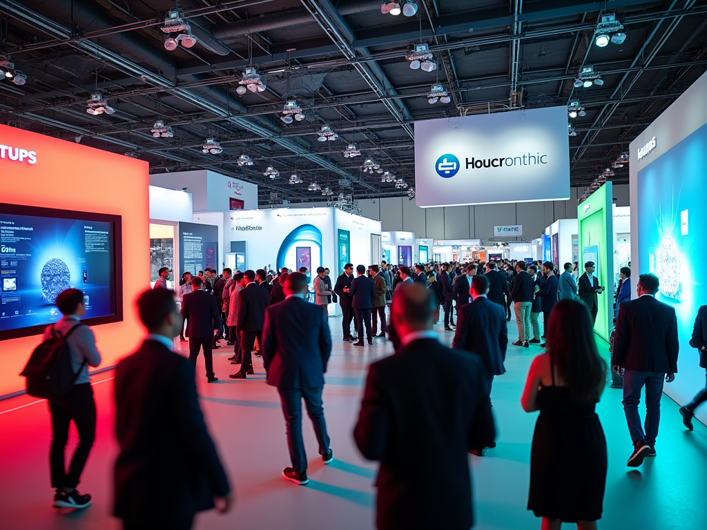 Crowded technology expo hall with attendees and illuminated booths.